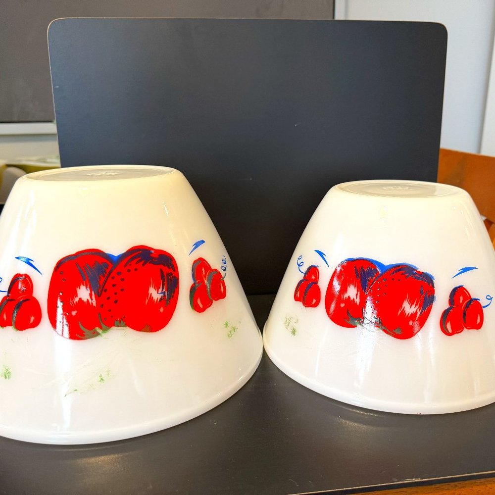 Vintage Fire King Apples & Cherries mixing bowls - 8" + 9" - Paint loss